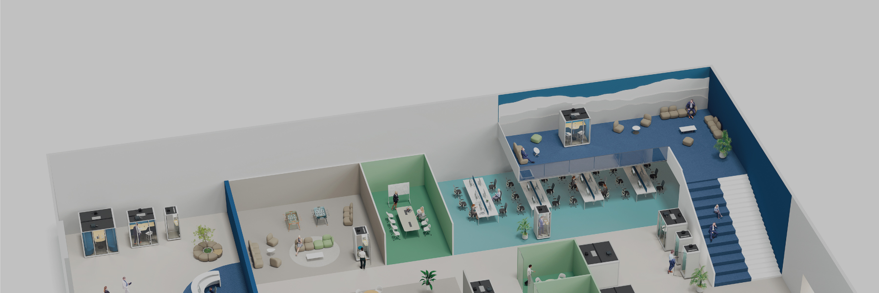 Modern office furniture set including wooden desks, ergonomic chairs, and sleek storage cabinets in a professional workspace